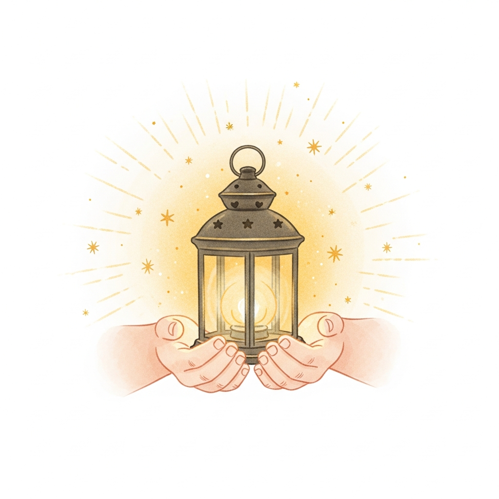 Glowing lantern held in gentle hands